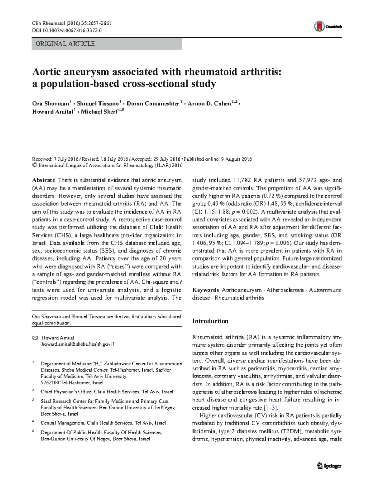 Aortic Aneurysm and Rheumatoid Arthritis: A Retrospective Study (Clin ...
