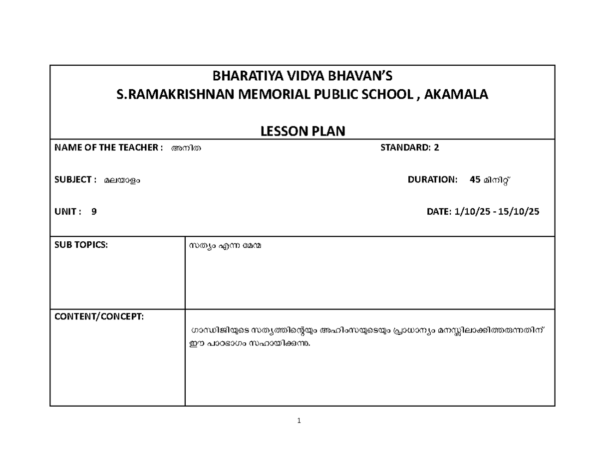 BHARATIYA VIDYA S.RAMAKRISHNAN MEMORIAL SCHOOL - Class 2 Lesson Plan ...
