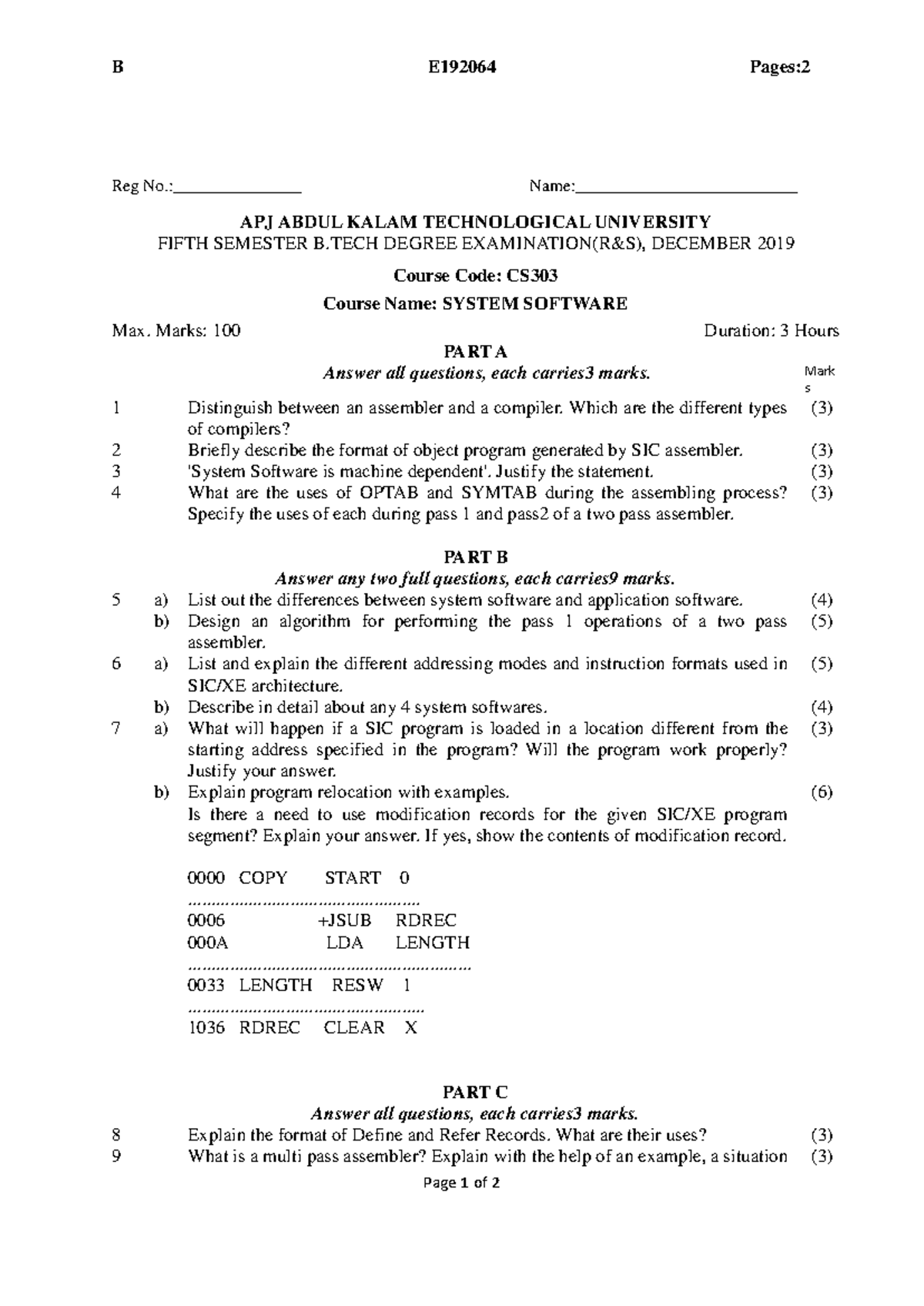 System Software CS Fifth Sem B.Tech Exam QP December 2019 - Studocu