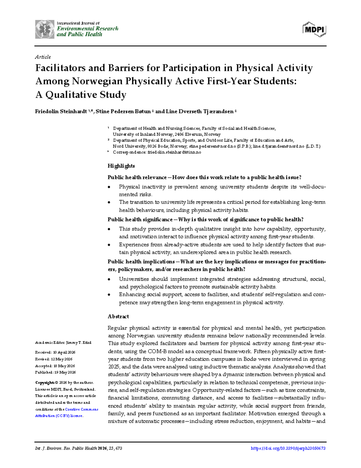 Facilitators and Barriers to Physical Activity Among Norwegian Students ...