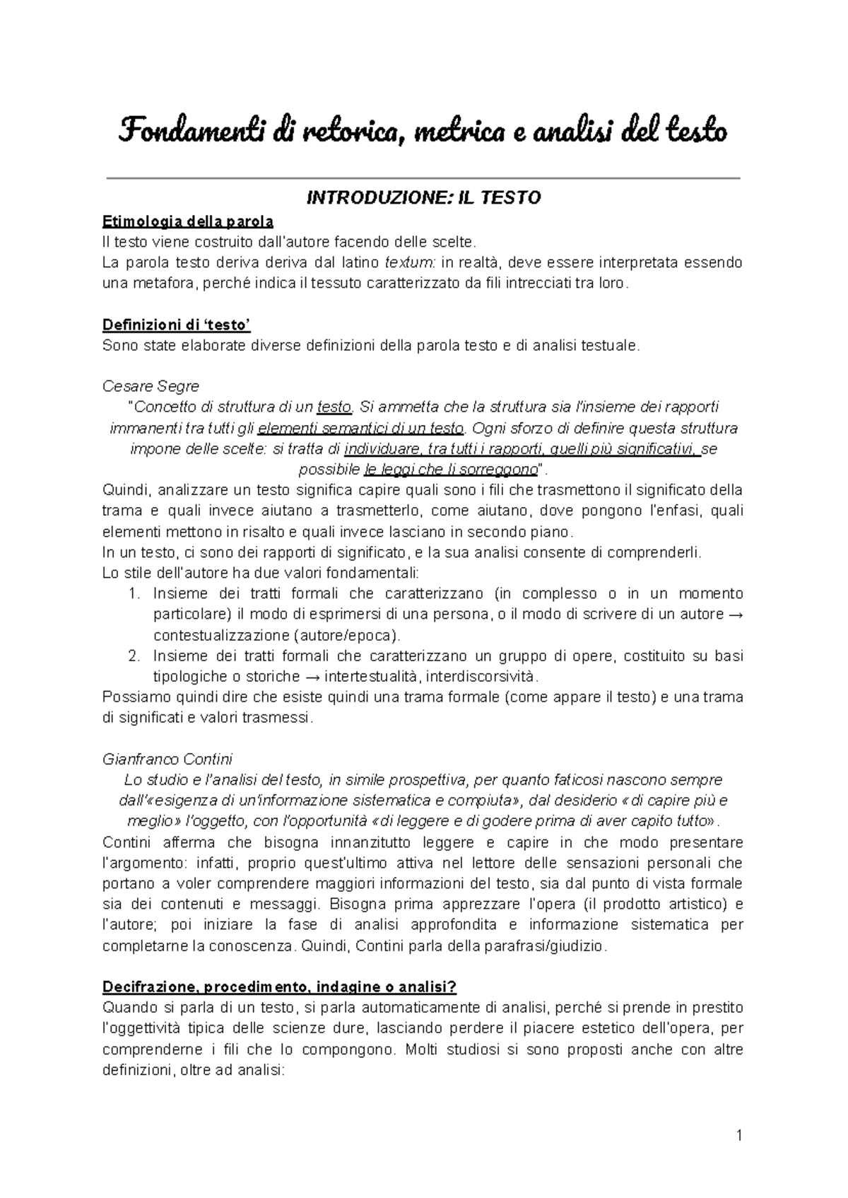 Fondamenti di Retorica e Analisi del Testo - Corso di Letteratura - Document Preview