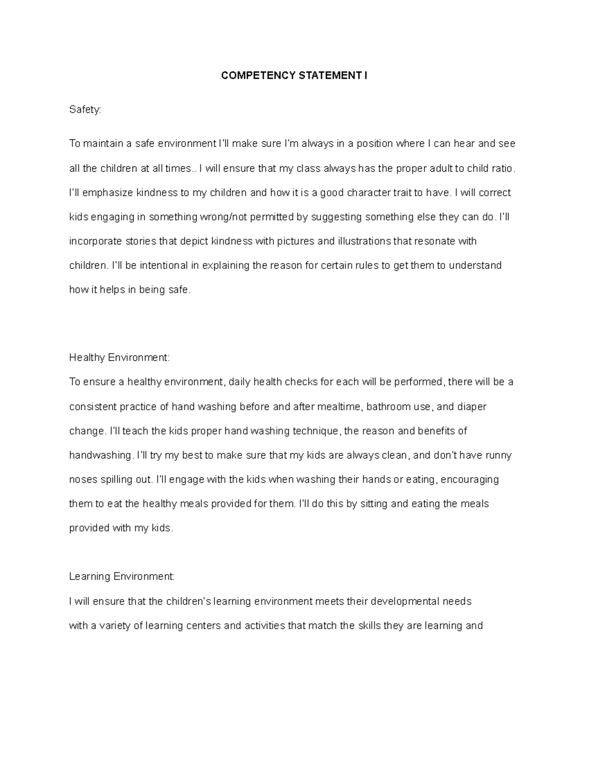 Competency Statement 1: Creating Safe and Healthy Learning Environments ...