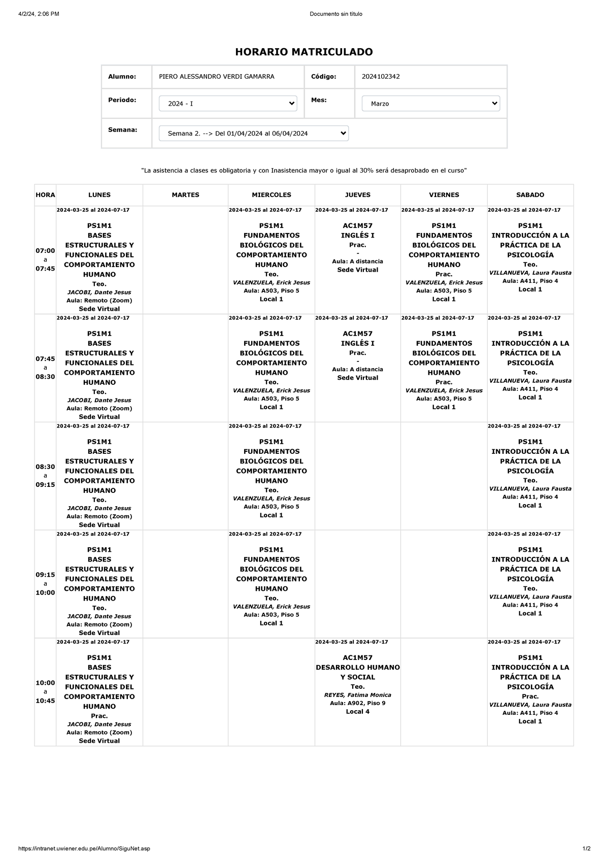 Horario de Clases PS1M y AC1M - Periodo 2024-1 (Marzo a Julio) - Document Preview