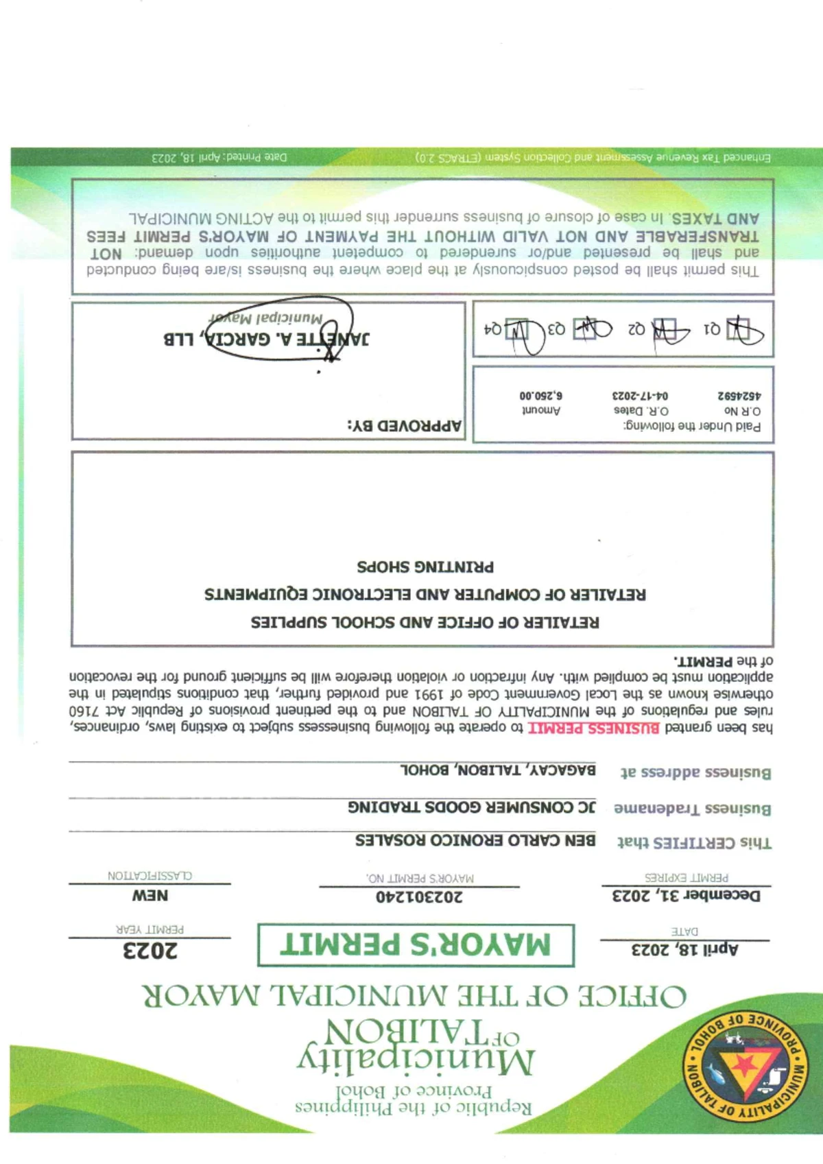 Permit Sample for Fitness World Gym, Municipality of Talibon - Studocu