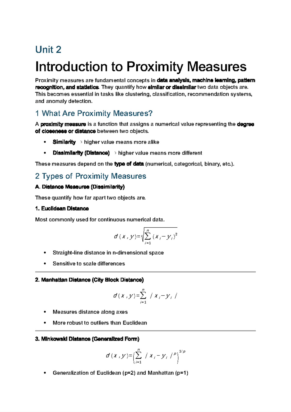 Unit 2: Introduction to Proximity Measures in Data Analysis - Studocu