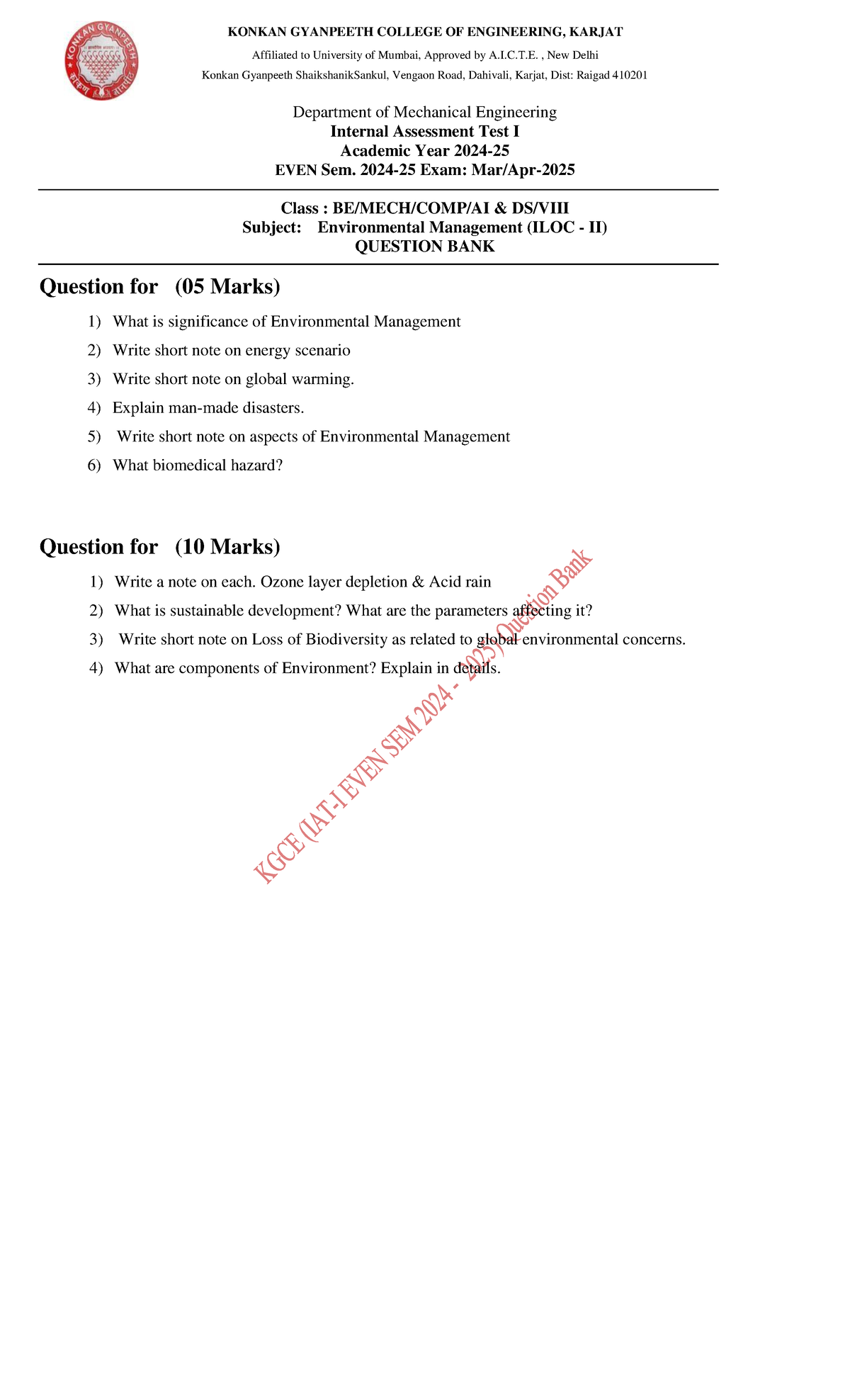 Question Bank for BE EVM Sem VIII - Internal Assessment Test I - Studocu