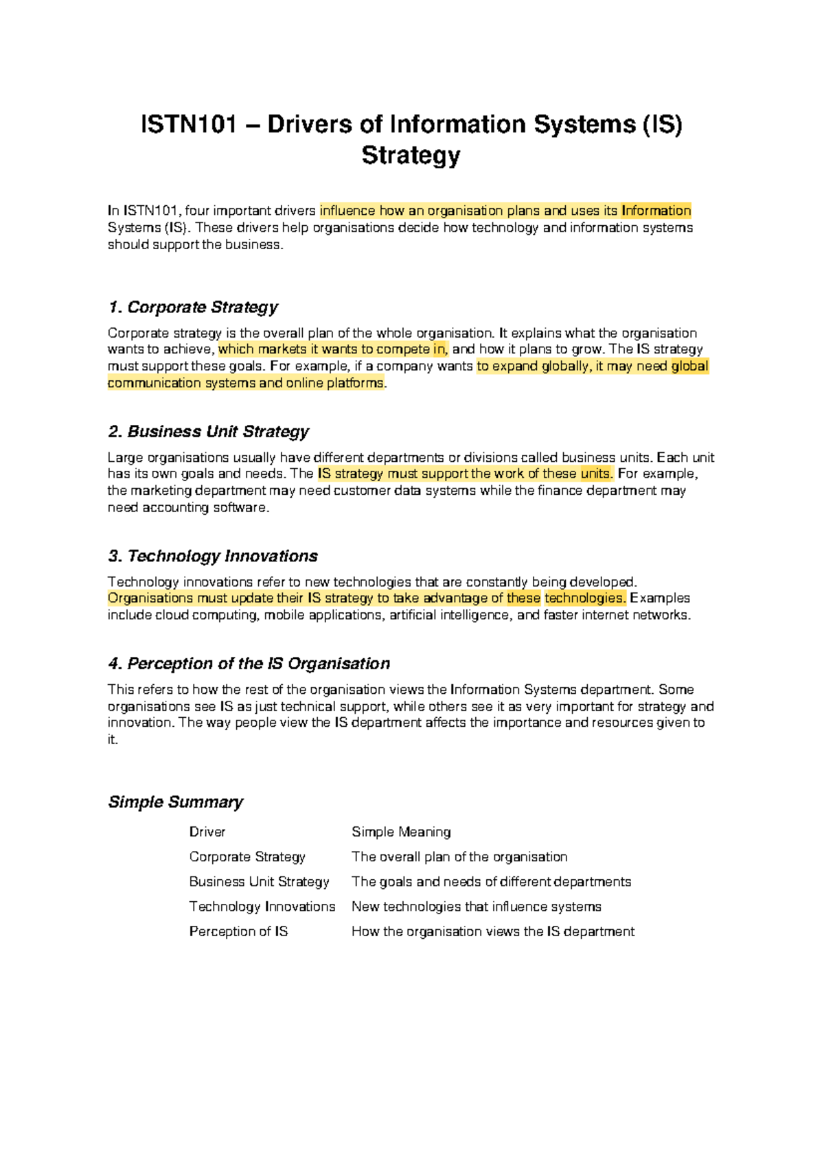 ISTN101 Summary of IS Strategy Drivers and Their Impact - Studocu
