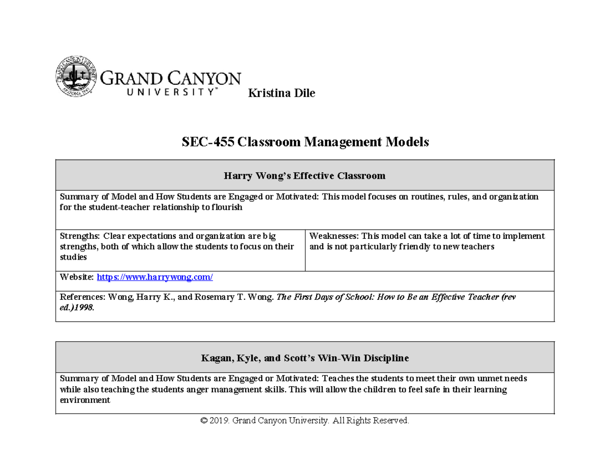 SEC-455-T1-Classroom Management Models: Engagement & Effectiveness ...