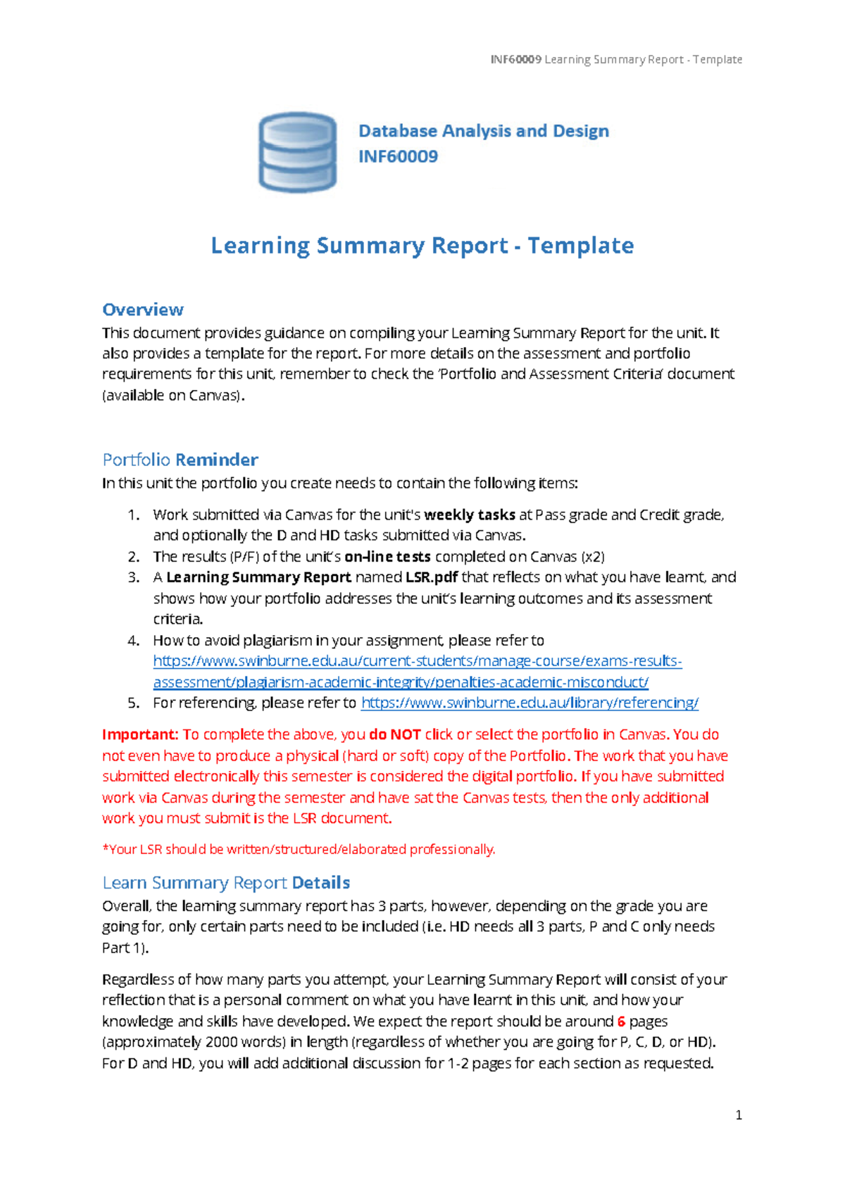 INF60009 LSR - .knbhi/vhbjlnk;ml',;."? - Learning Summary Report ...