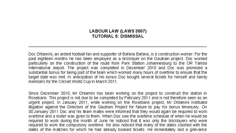 LABOUR LAW (LAWS 3007) TUTORIAL 5: DISMISSAL CASE STUDY NOTES - Studocu