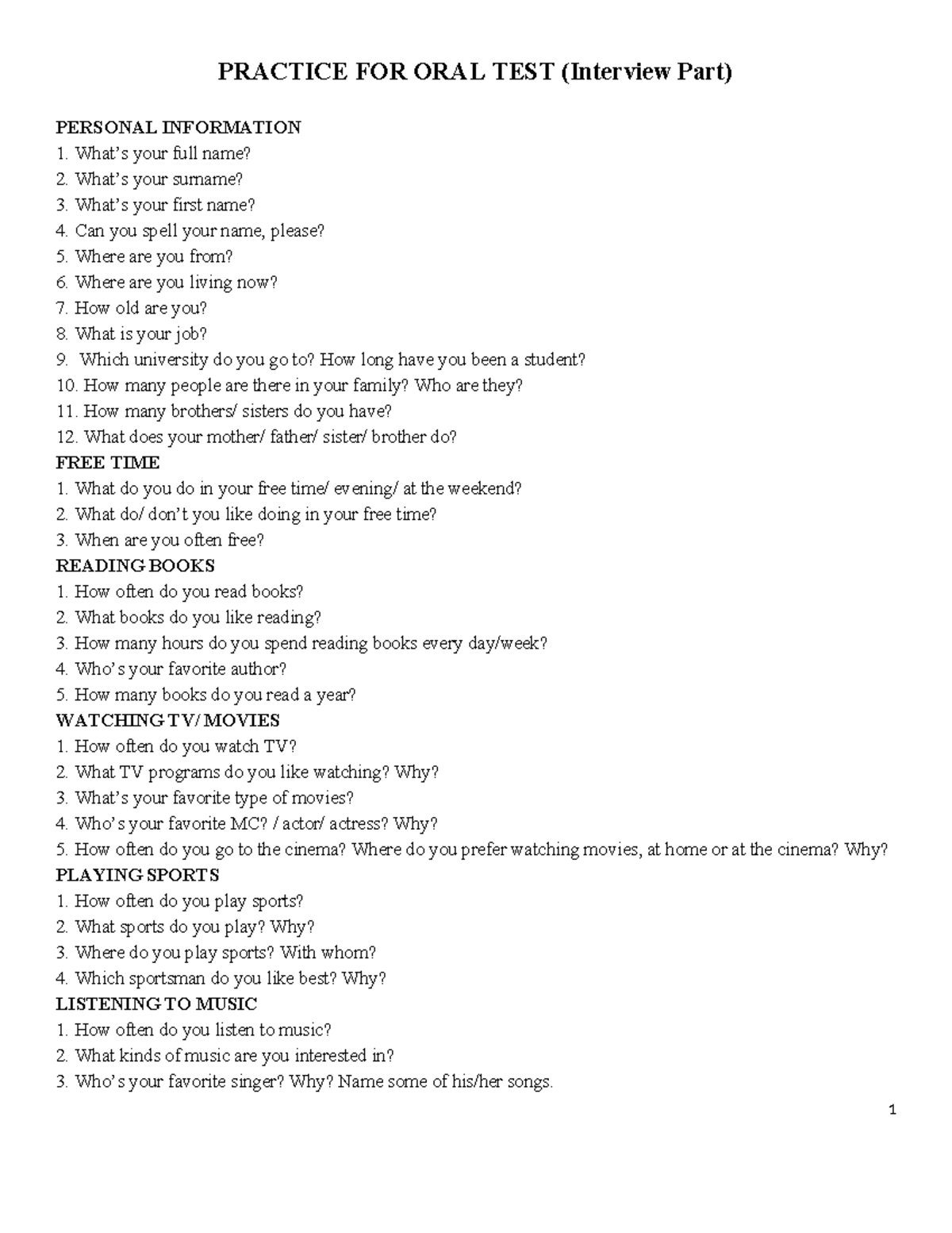 Interview Questions - PRACTICE FOR ORAL TEST (Interview Part) PERSONAL ...