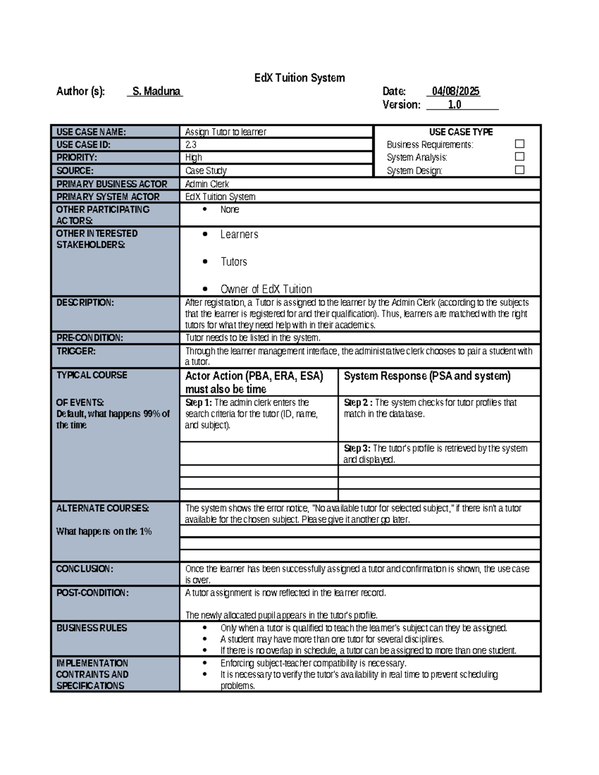 Use Case Narrative 2.3: Assign Tutor to Learner in EdX System - Studocu