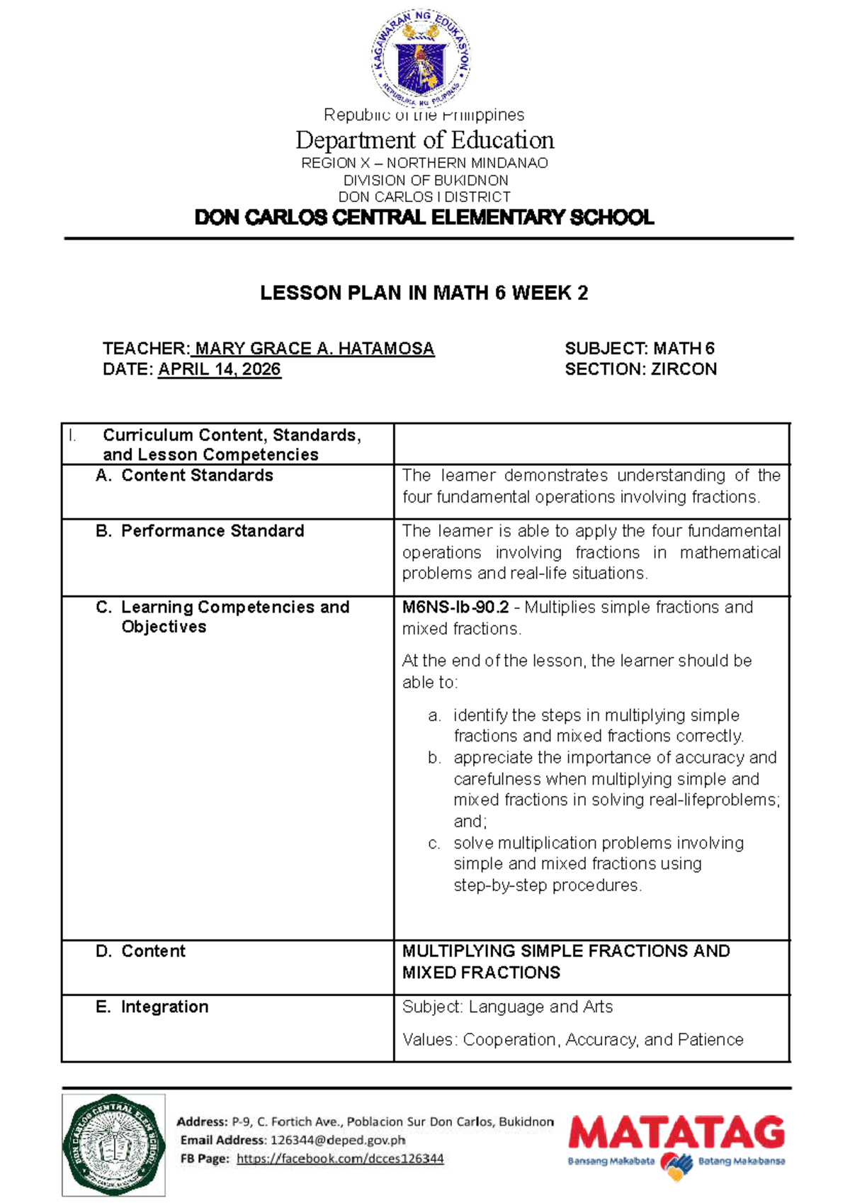 MATH 6 Lesson Plan: Multiplying Simple & Mixed Fractions - Studocu