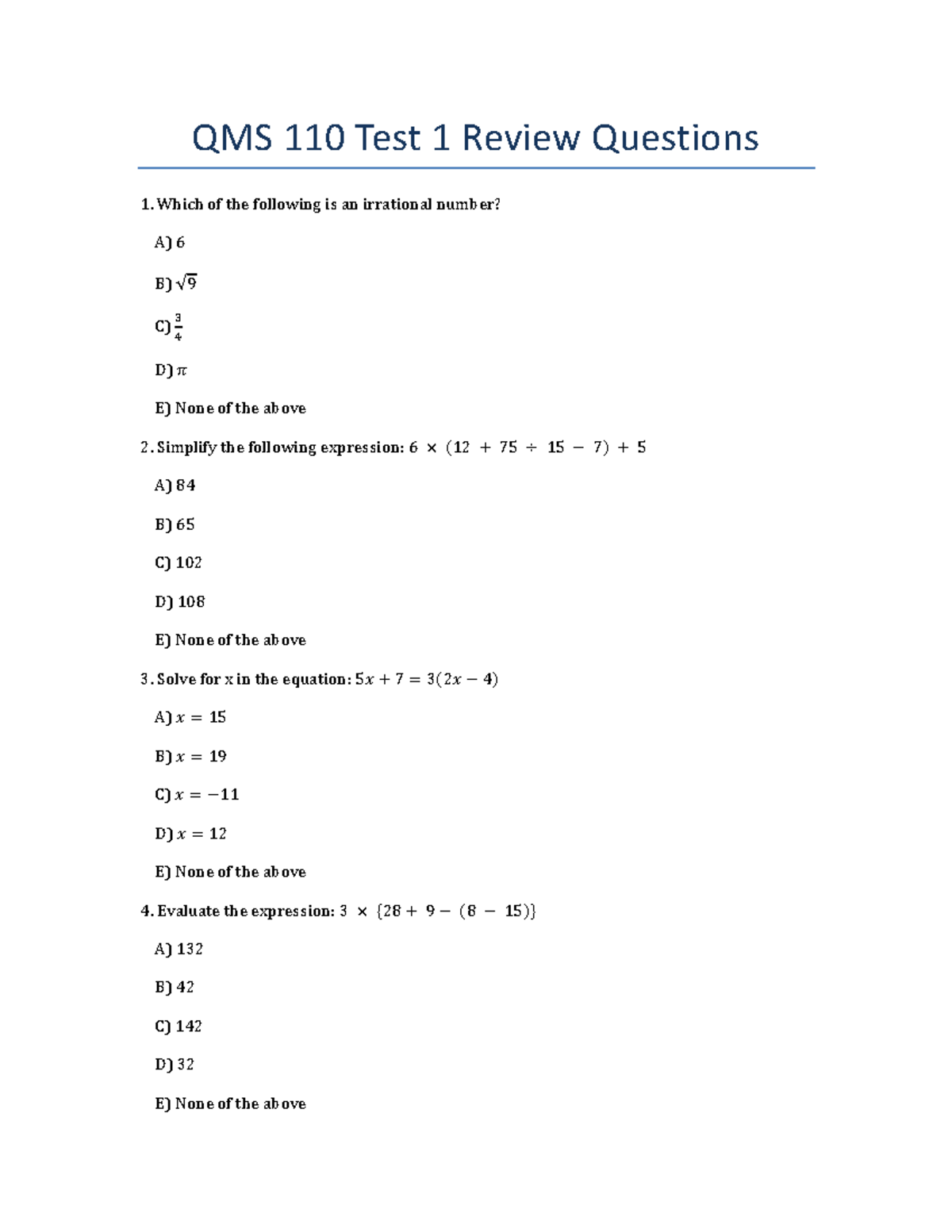 QMS110 - Test 1 Review: Key Questions and Solutions - Studocu