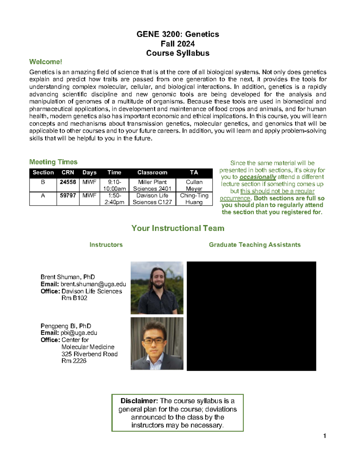 GENE 3200: Fall 2024 Genetics Course Syllabus Overview - Studocu