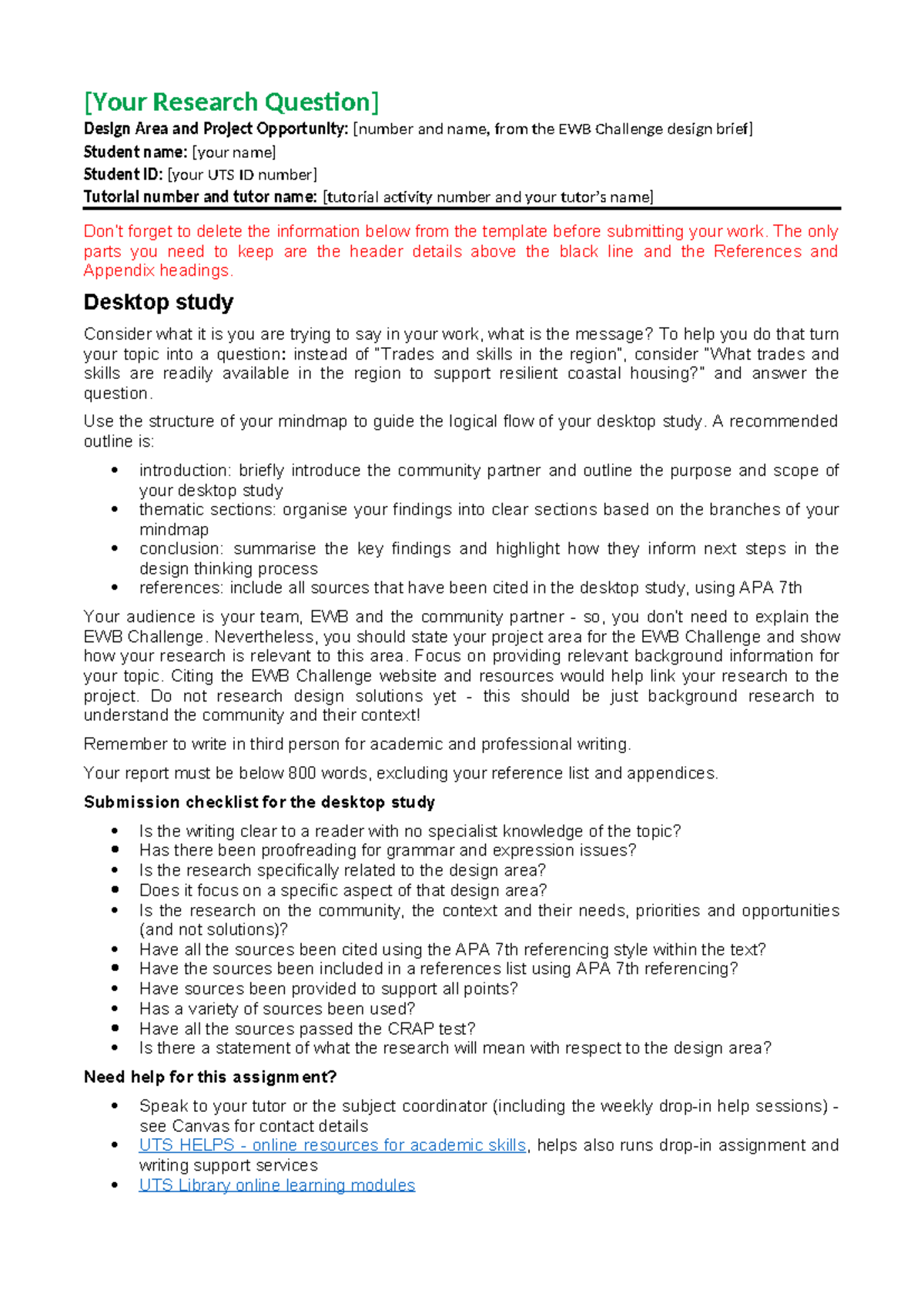 EWB Challenge Research Design: Desktop Study Guidelines (Task B) - Studocu