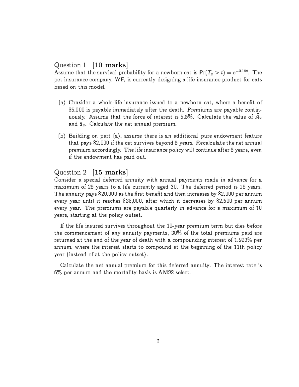 ACST2055 Class Test 24: Life Insurance & Deferred Annuity Calculations ...