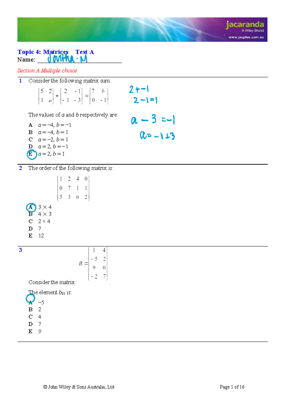 Yr 11 Matrices Test A: Jac Plus Revision Guide - Studocu