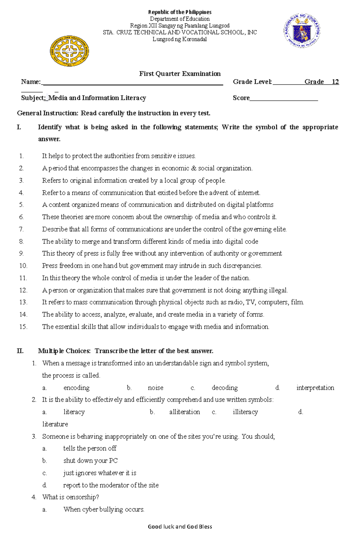 Grade 12 1st Quarter Exam on Media and Information Literacy - Studocu
