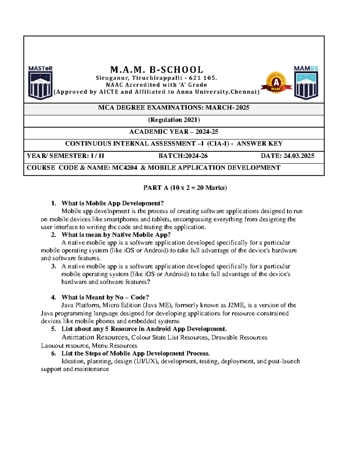 MCA MC4204 Mobile Application Development CIA 1 Answer Key 2025 - Studocu