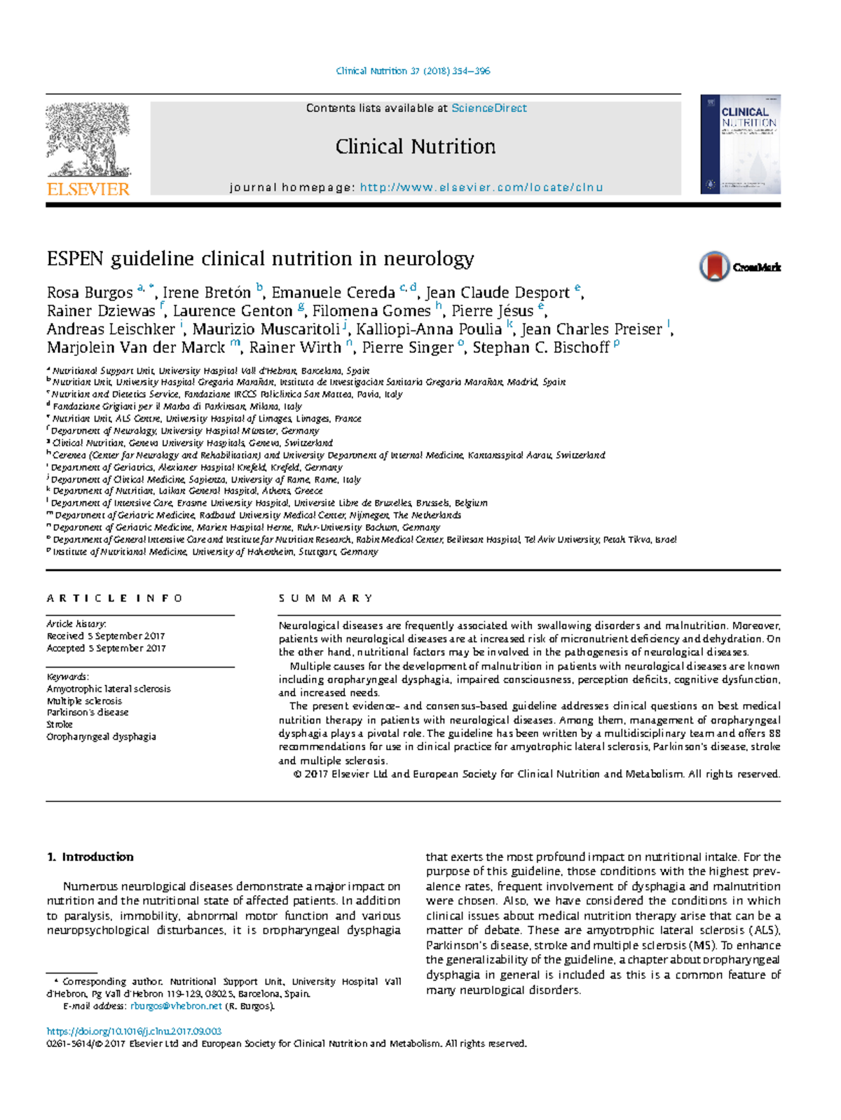 Espen-guideline clinical nutrition in neurology - ESPEN guideline ...