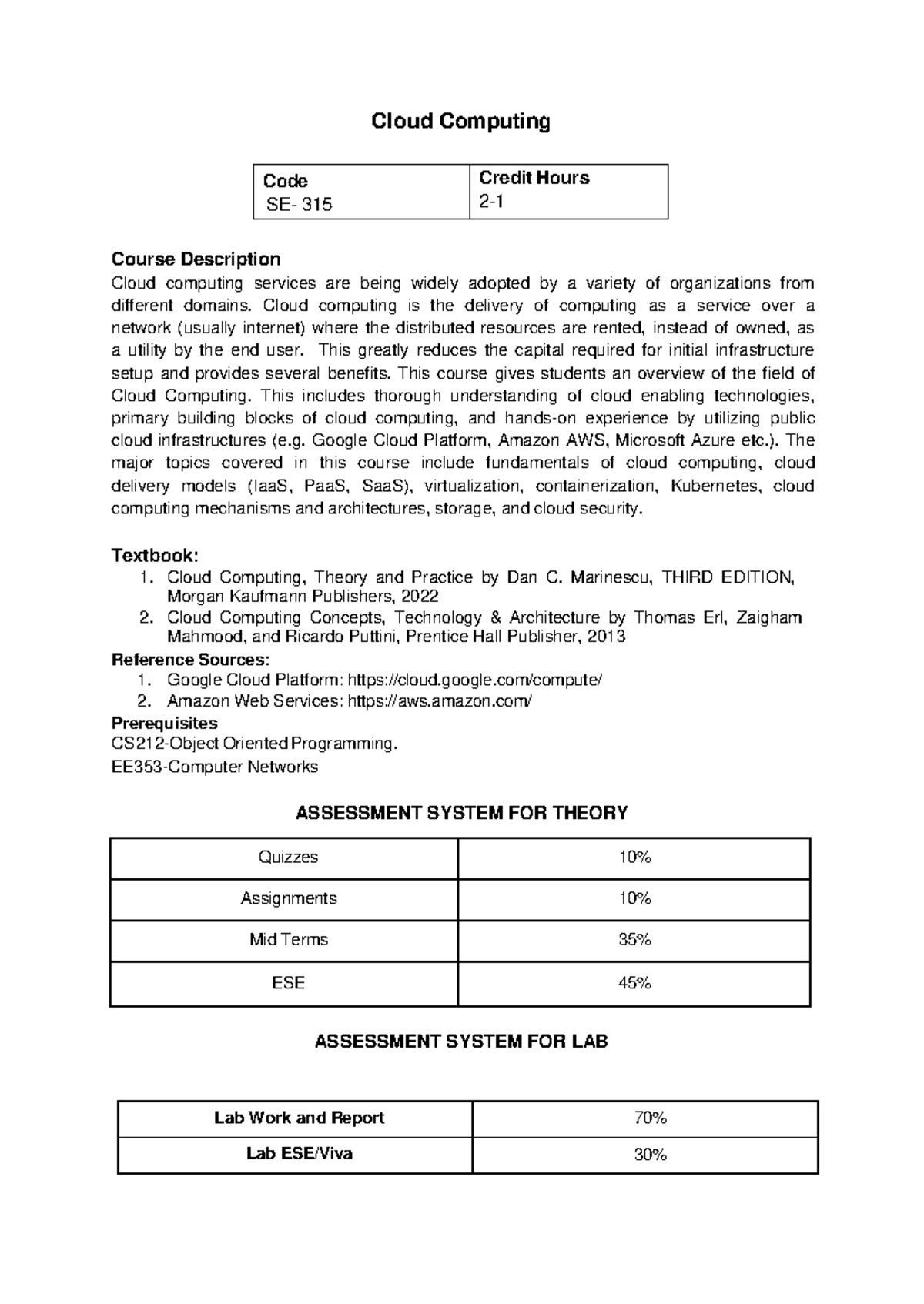 SE315 Cloud Computing Course Overview and Outline - Studocu