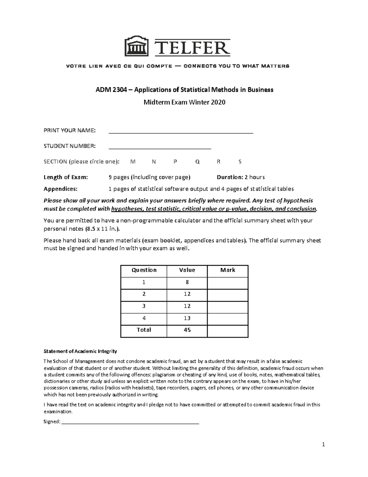 ADM 2304 Midterm Exam Study Guide - Winter 2020 - Studocu