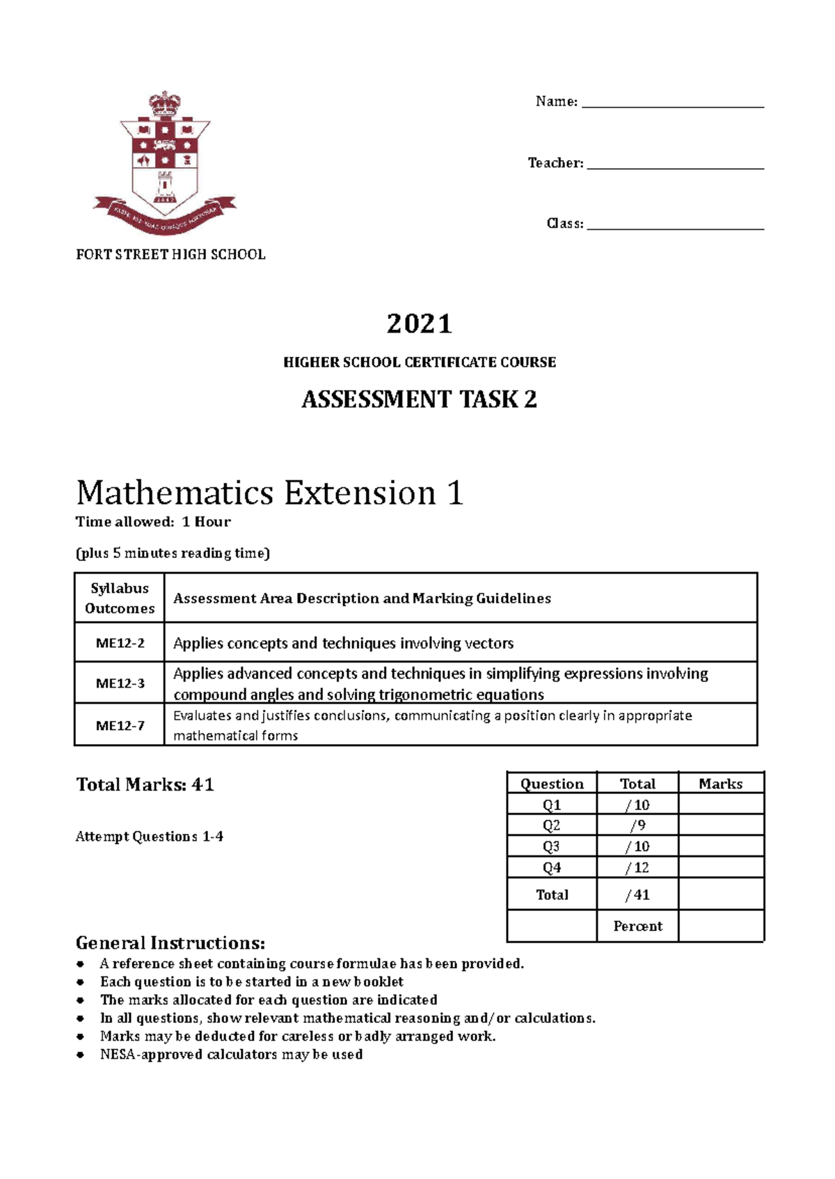 2021 HSC Mathematics Ext 1 Assessment Task 2 Final Exam Paper - Studocu