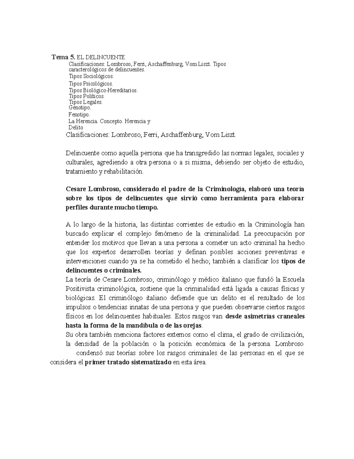 Criminología Tema 5: Clasificación de Delincuentes y Teorías Asociadas - Document Preview