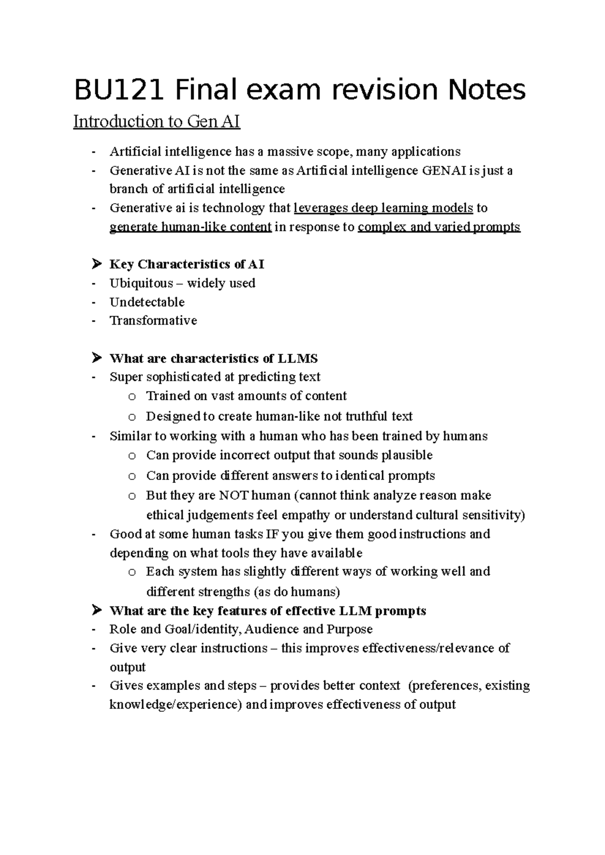 BU121 Final Exam Revision Notes on Generative AI Concepts - Studocu