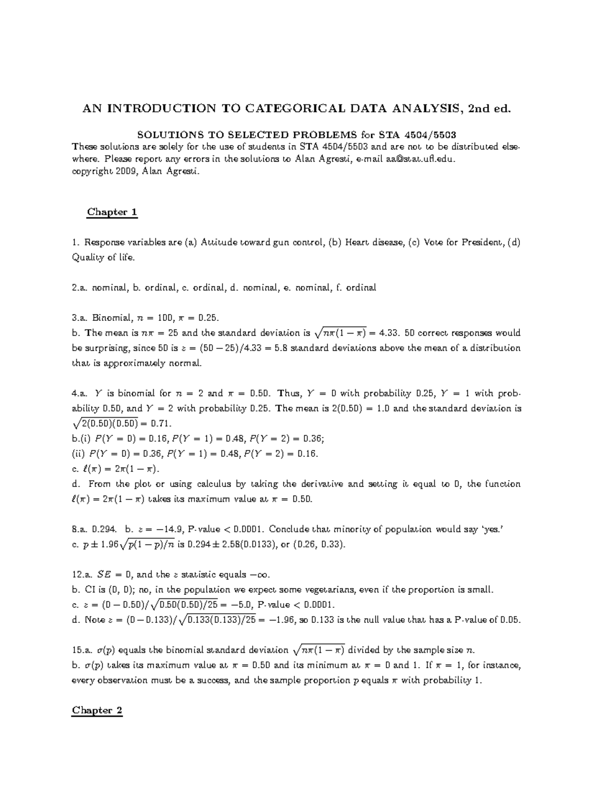Solutions to Selected Problems for STA 4504/5503: Categorical Data ...