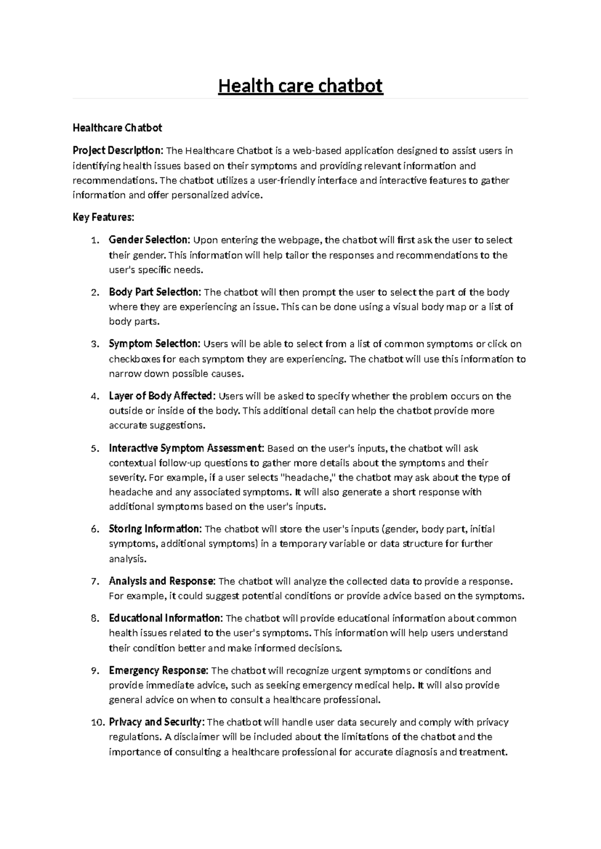 Healthcare Chatbot Project Description and Key Features Analysis - Studocu