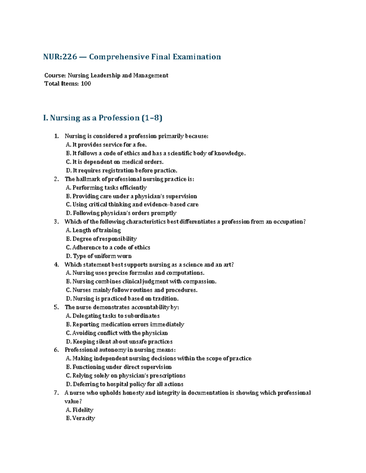 NUR:226 Comprehensive Final Exam Reviewer for Nursing Leadership - Studocu