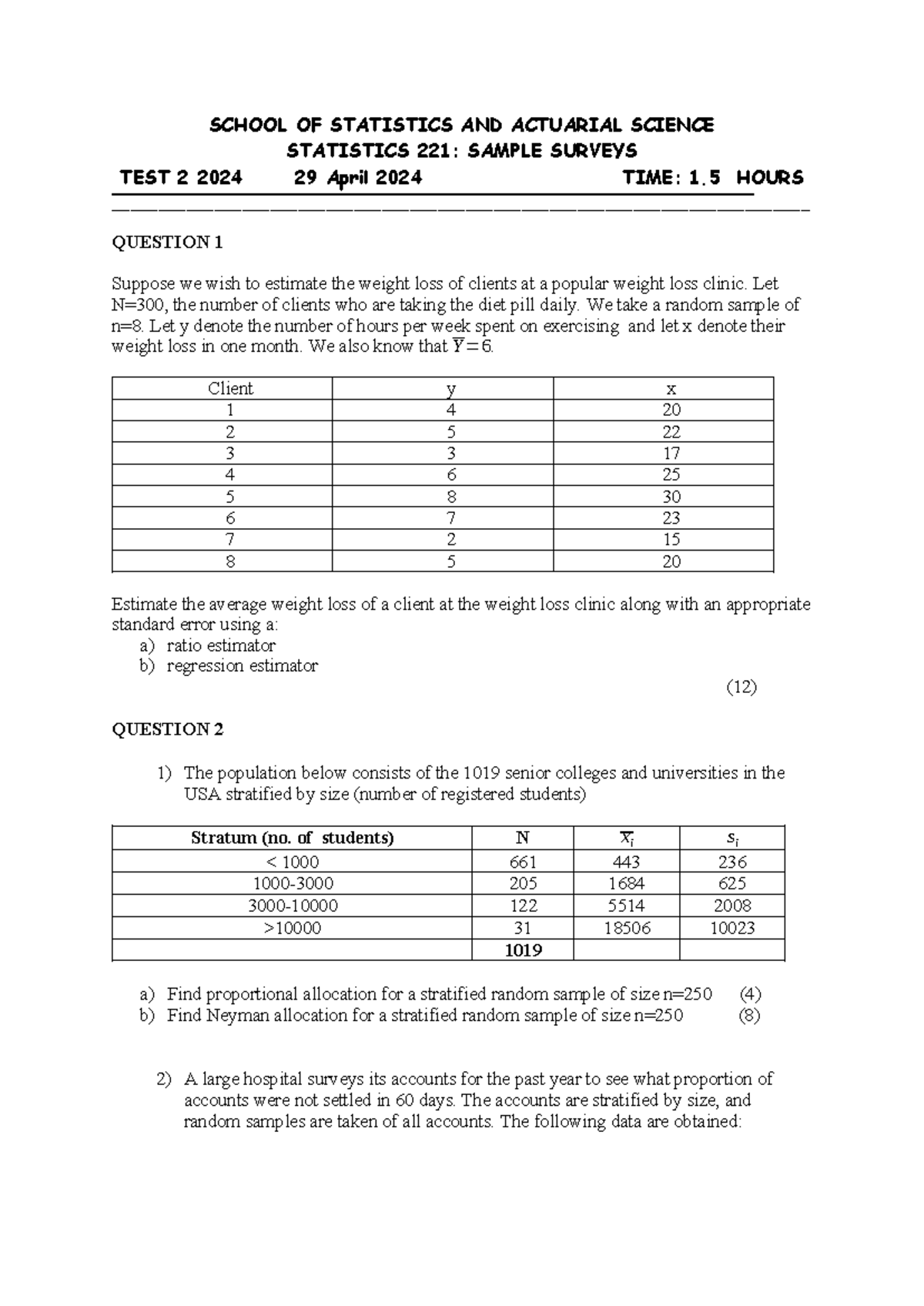 Stat 221 Test 2 2024: Sample Surveys and Weight Loss Estimation - Studocu