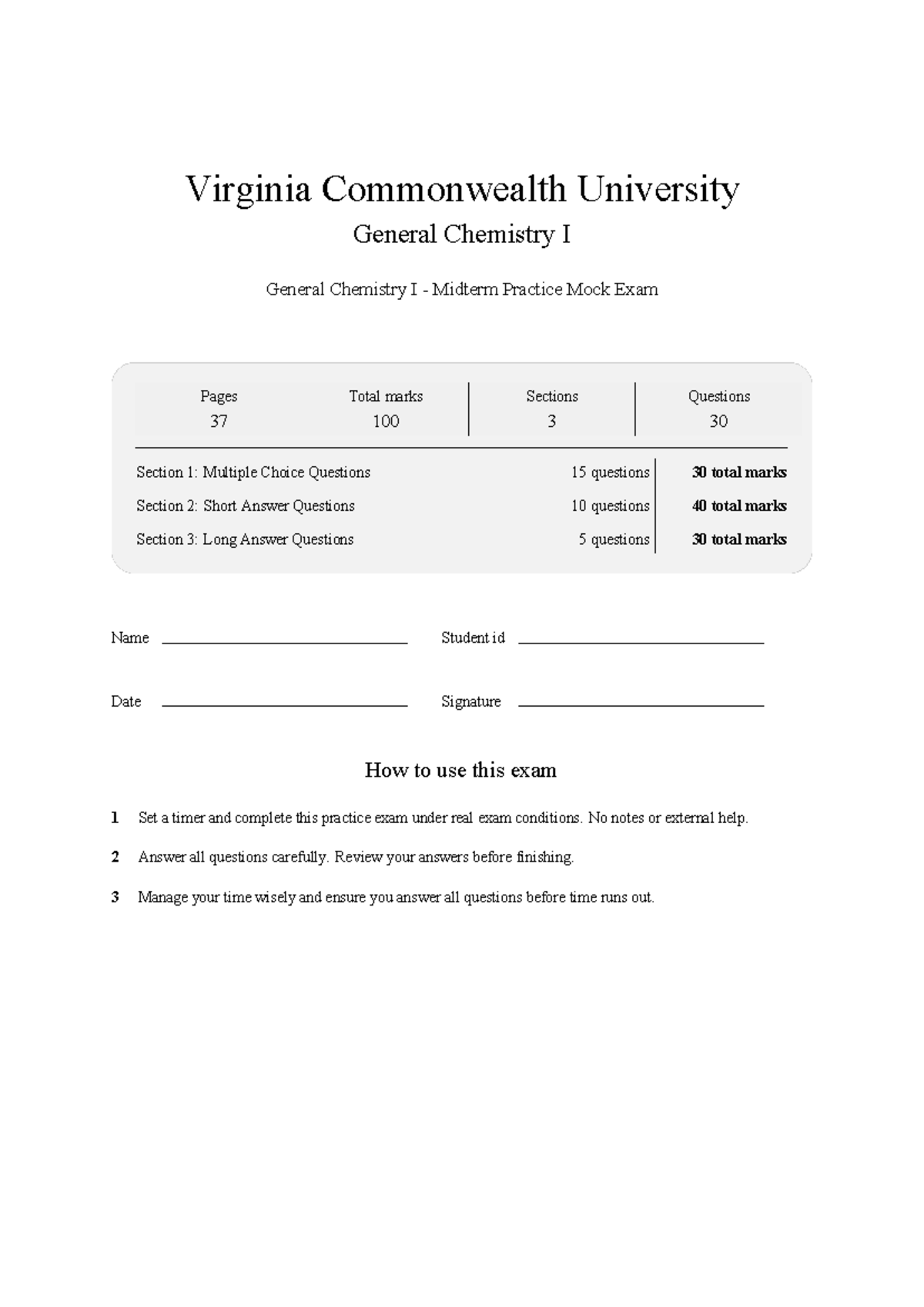 CHEM 101 General Chemistry I Midterm Mock Exam Practice 2026 - Studocu