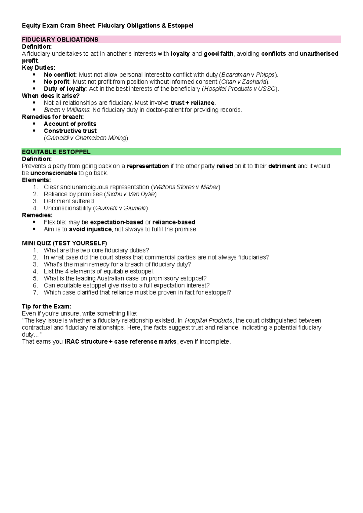 Equity Exam Cram Sheet: Fiduciary Duties & Estoppel Insights - Studocu