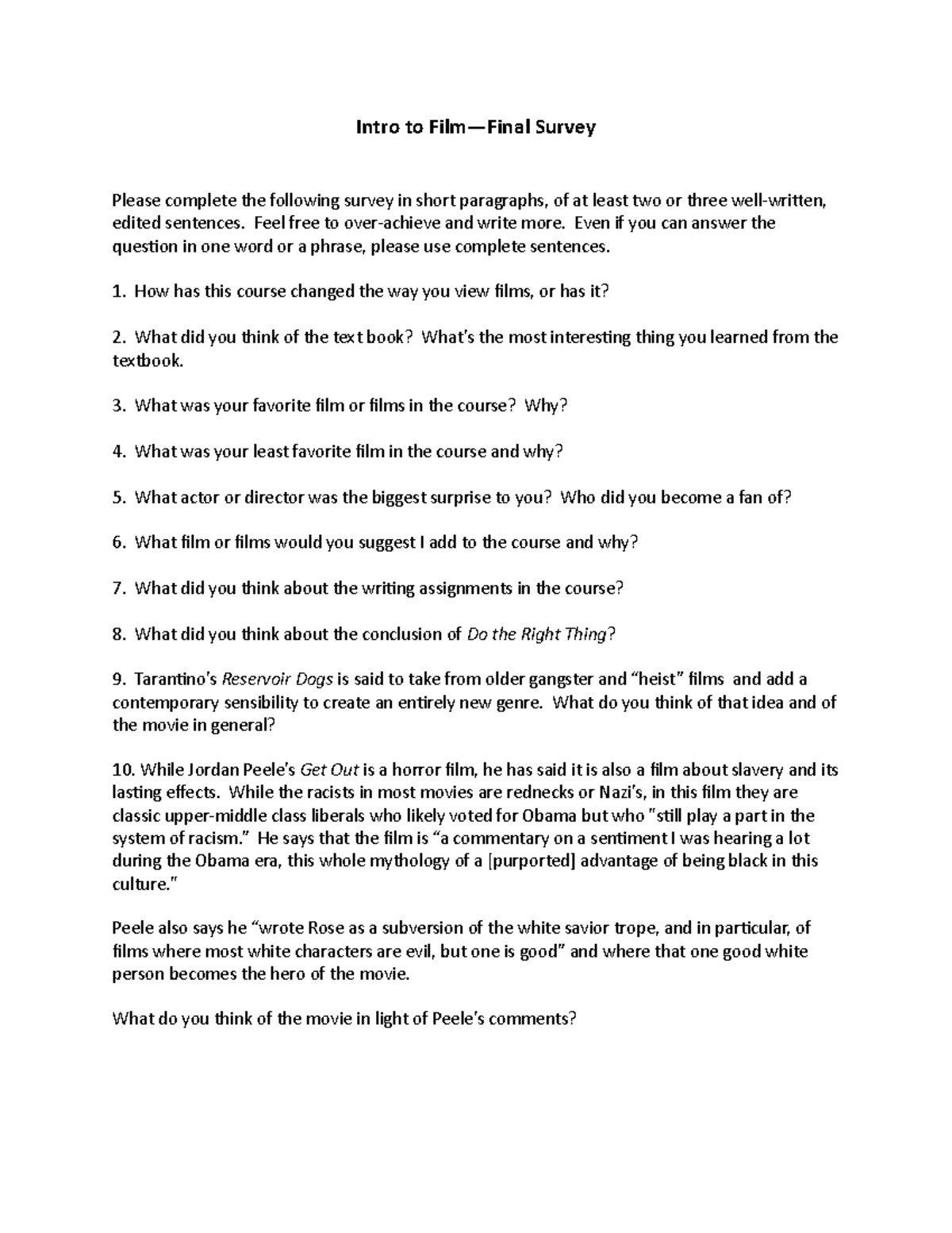 Intro to Film Final Survey - Intro to Film—Final Survey Please complete ...