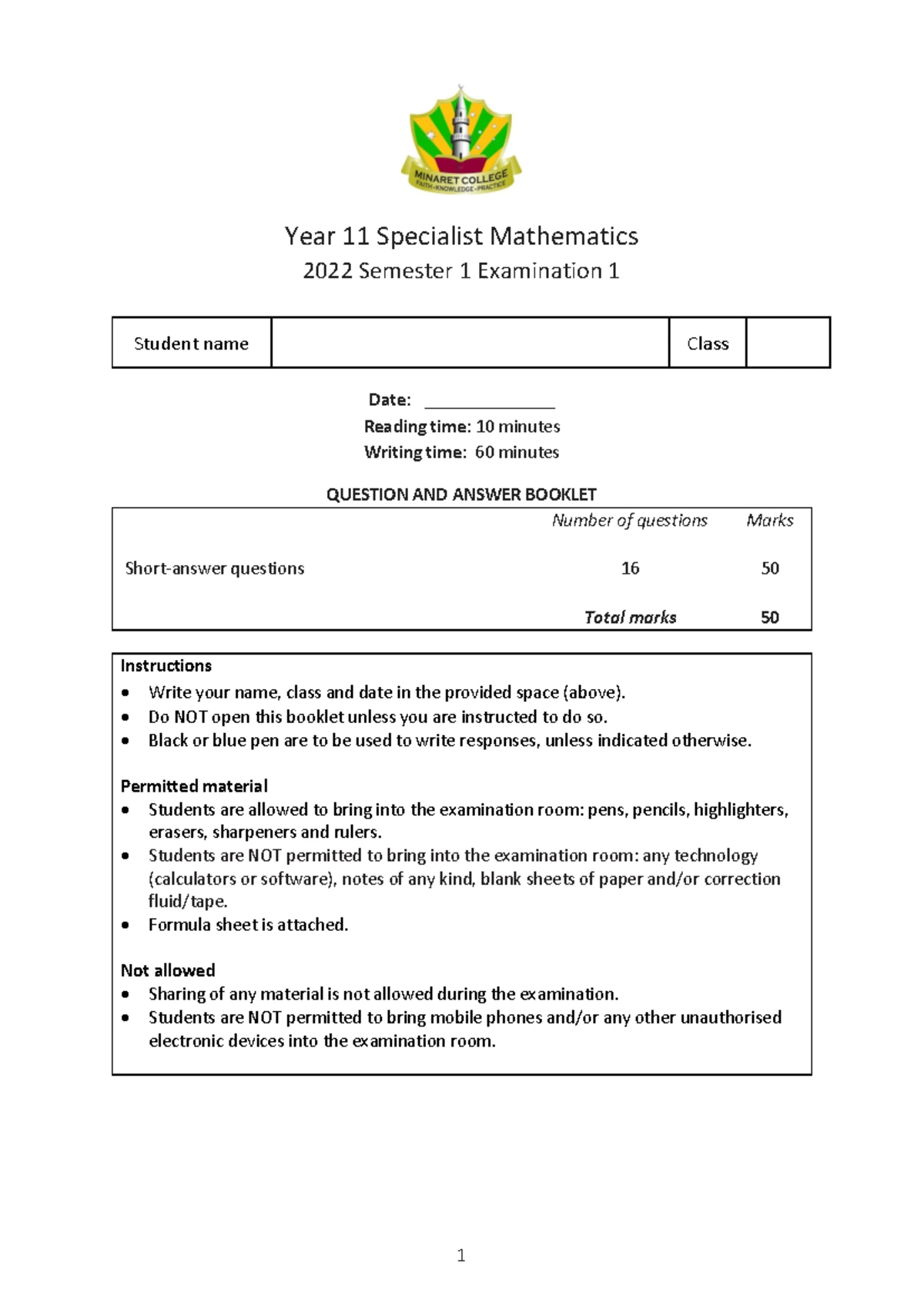 2023 Unit 1 Specialist Mathematics Exam 1 (Tech free) - Specialist ...