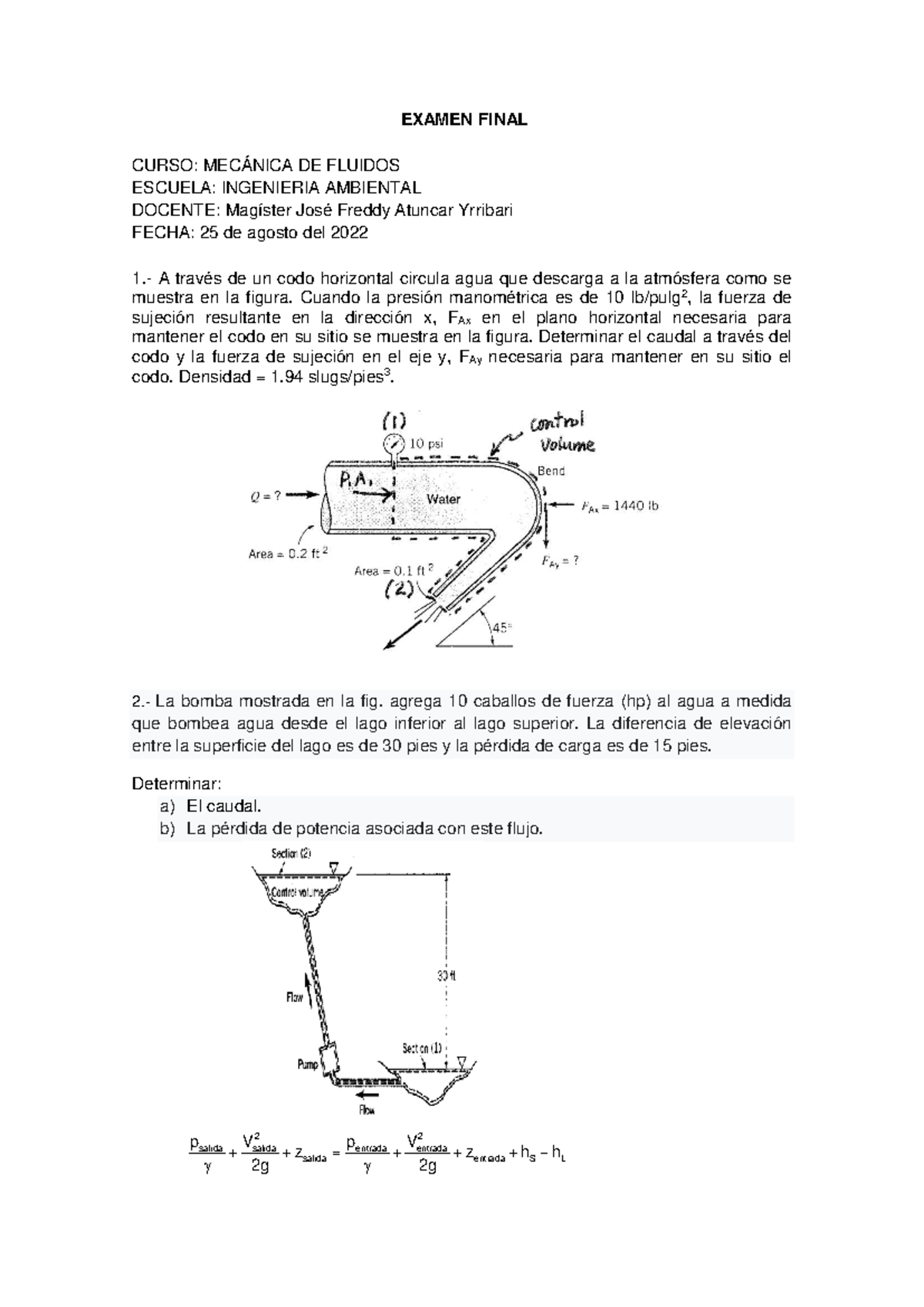 Examen Práctico Final: Mecánica de Fluidos - Ingeniería Ambiental - Document Preview