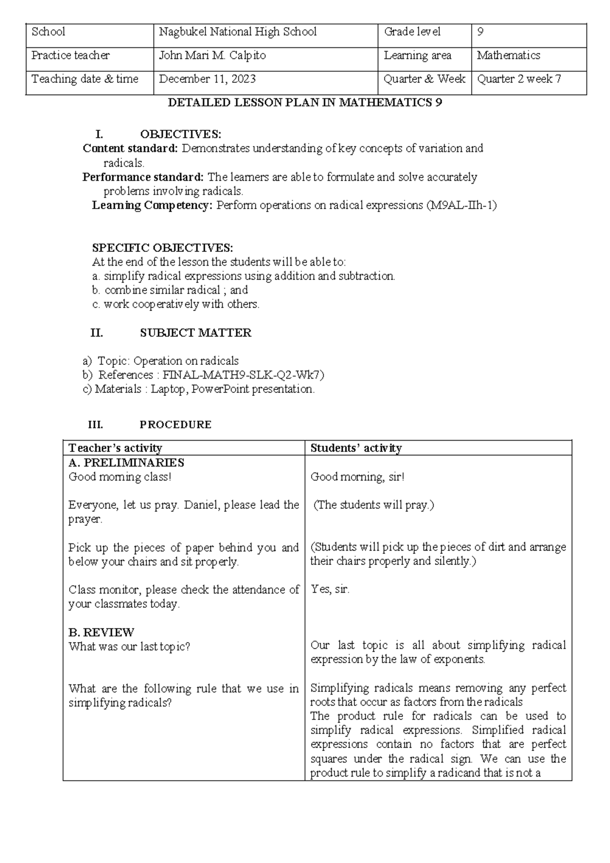 Detailed Lesson Plan in Mathematics 9: Adding & Subtracting Radicals ...
