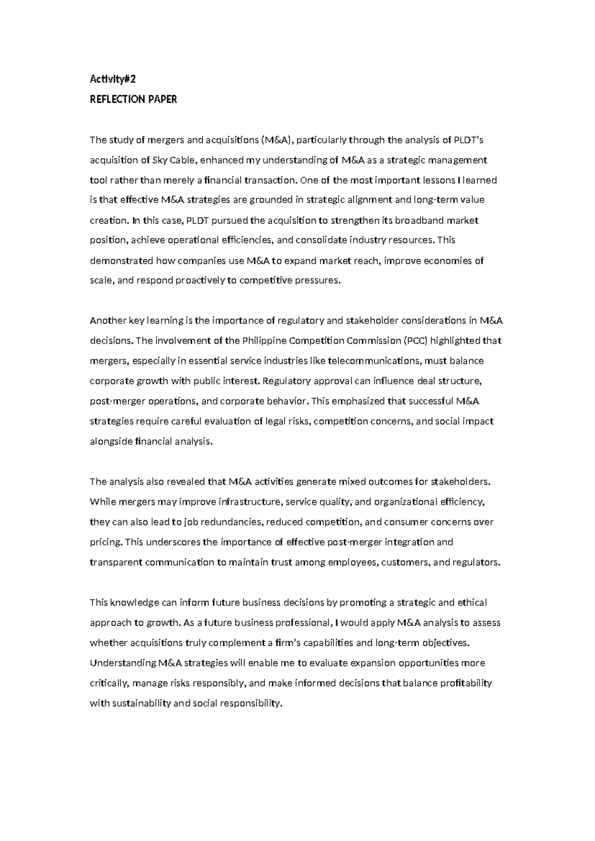 REFLECTION PAPER: Mergers & Acquisitions Analysis in Strategic Mgmt ...