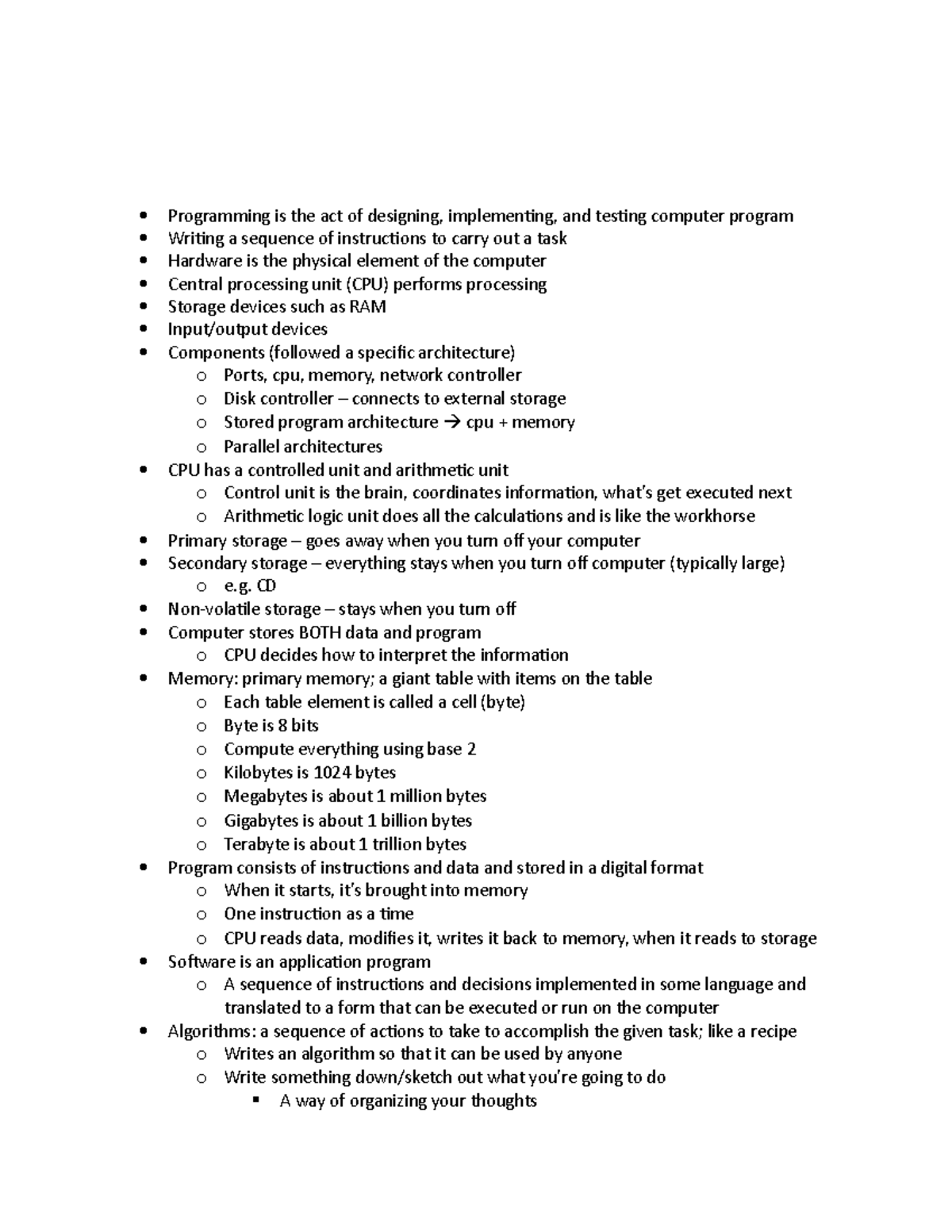 Compsci - Chapter 1 - Lecture notes 1 - Programming is the act of - Studocu