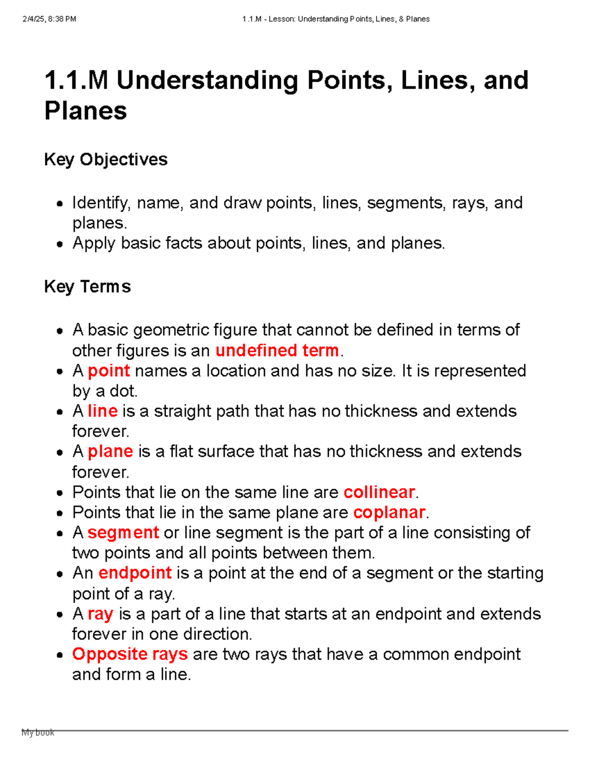 Understanding Points, Lines, & Planes - Geometry Lesson 1.1.M - My book ...