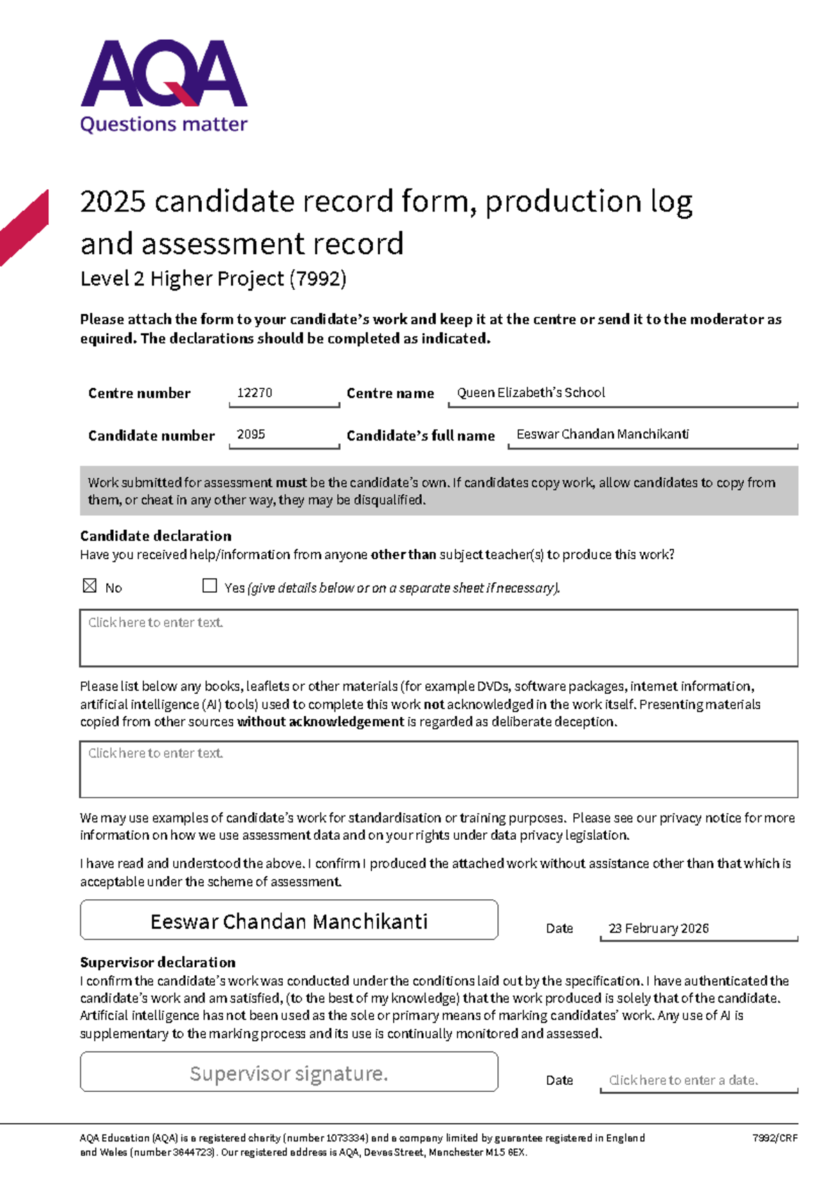 Candidate Record Form and Assessment Log for Higher Project (7992 ...