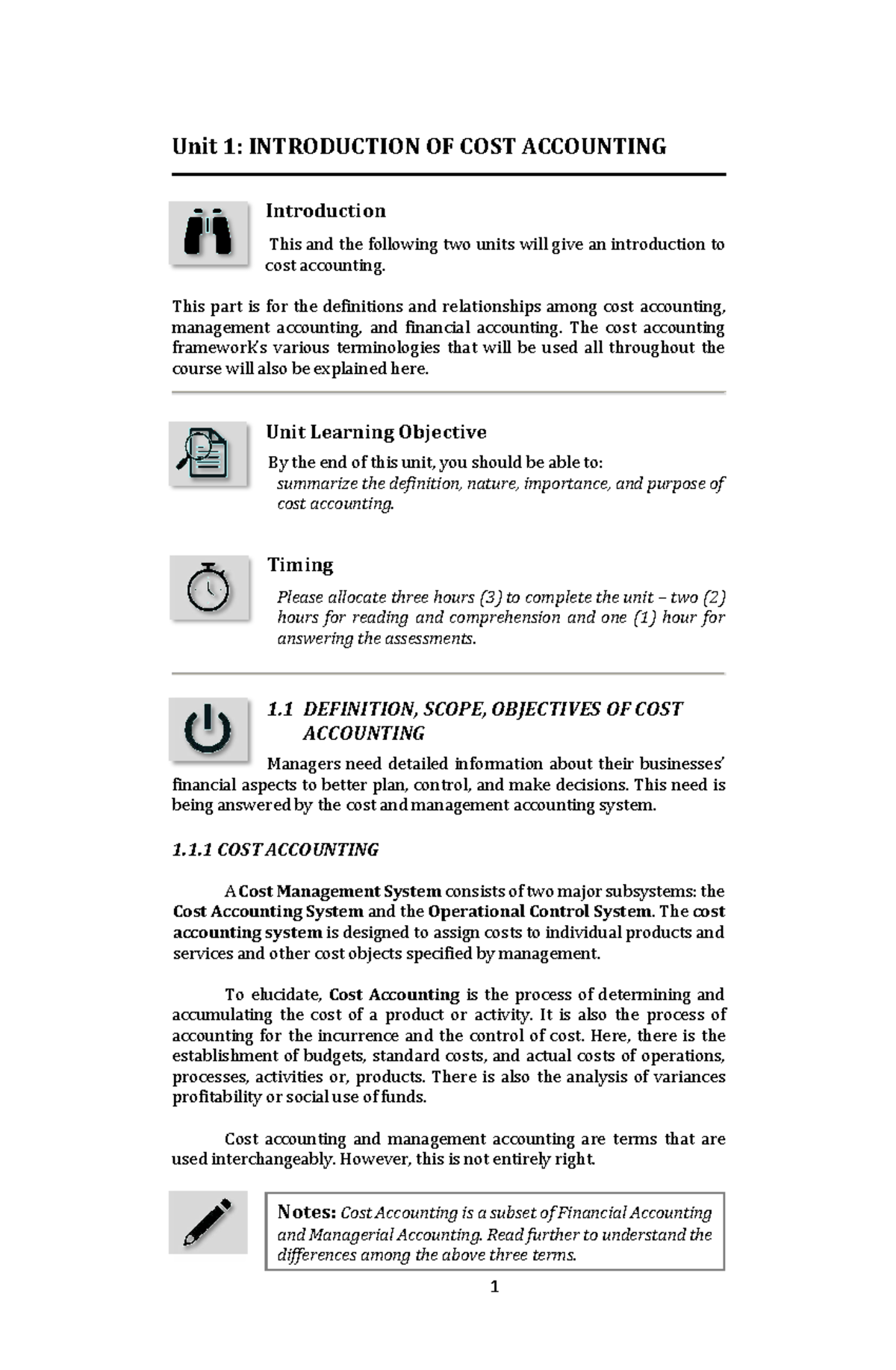 Unit 1: Introduction to Cost Accounting (ACC 101) - Key Concepts and ...