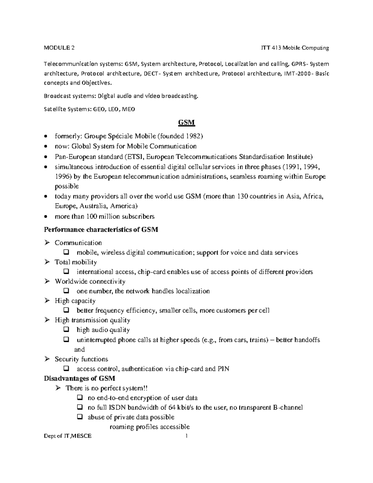 MC m2 - IT Notes on Telecommunication Systems: GSM and GPRS - Studocu