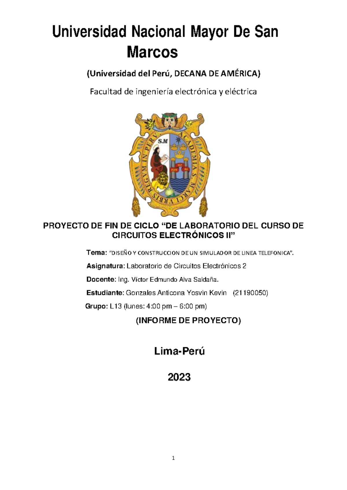 Informe de Proyecto: Diseño de Simulador de Línea Telefónica - CI2 - Document Preview