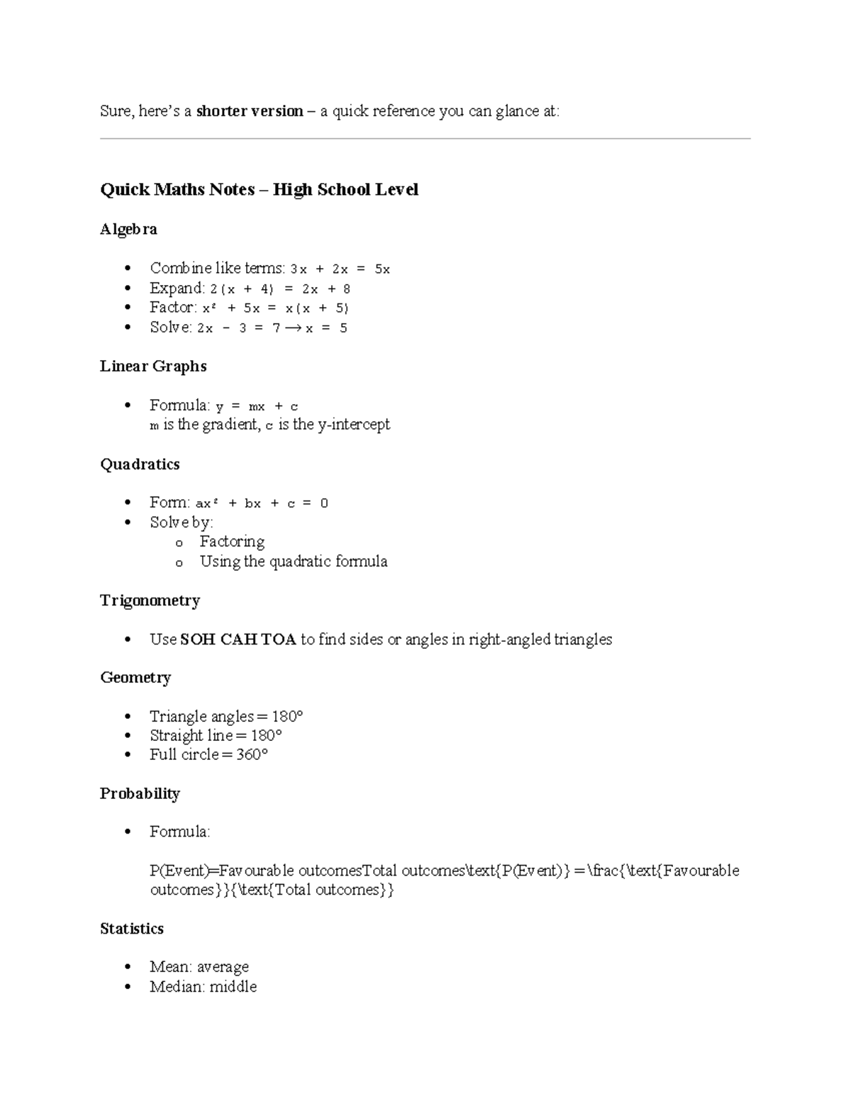 Math 2 - Quick Reference Notes for High School Algebra and More - Studocu