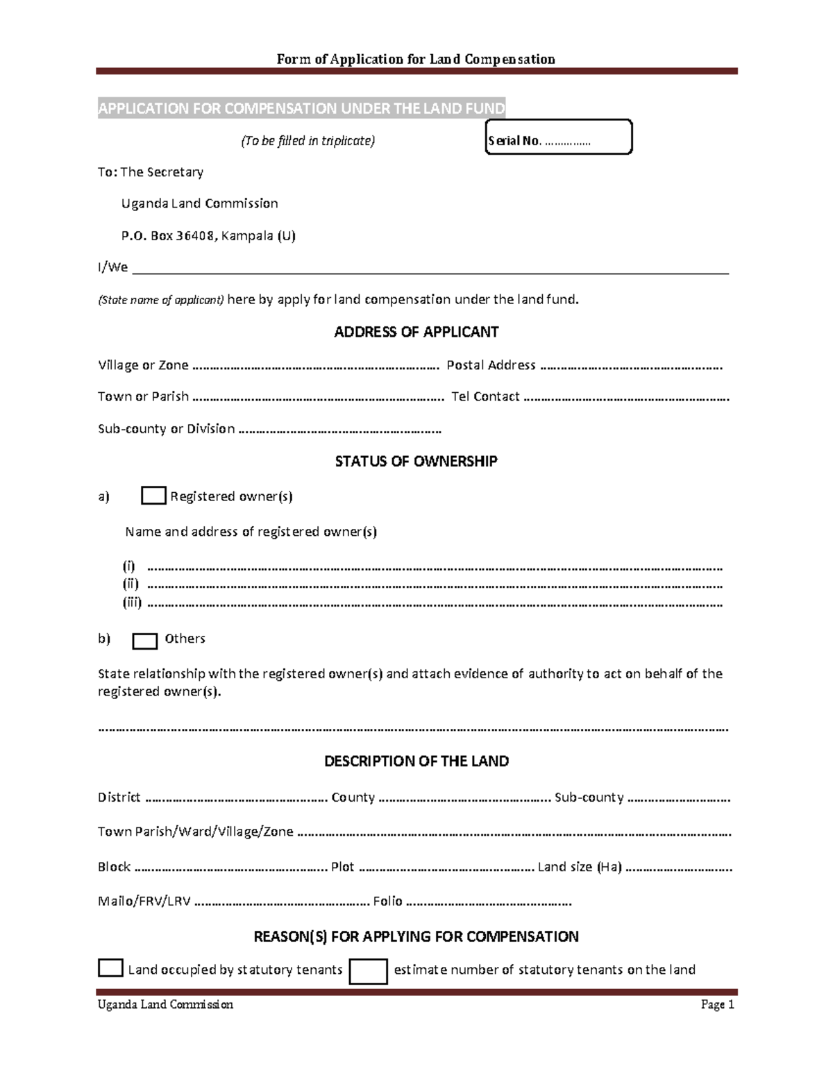 Application Form for Land Compensation - Land Fund - Studocu