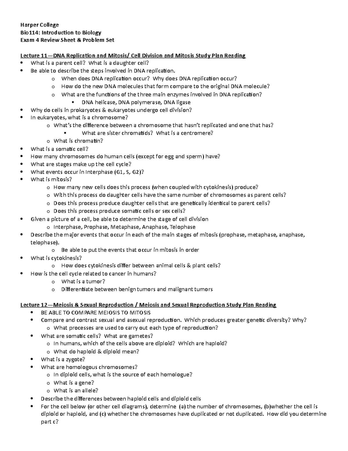 Bio114 Exam 4 Review: DNA Replication, Mitosis, and Meiosis Concepts ...